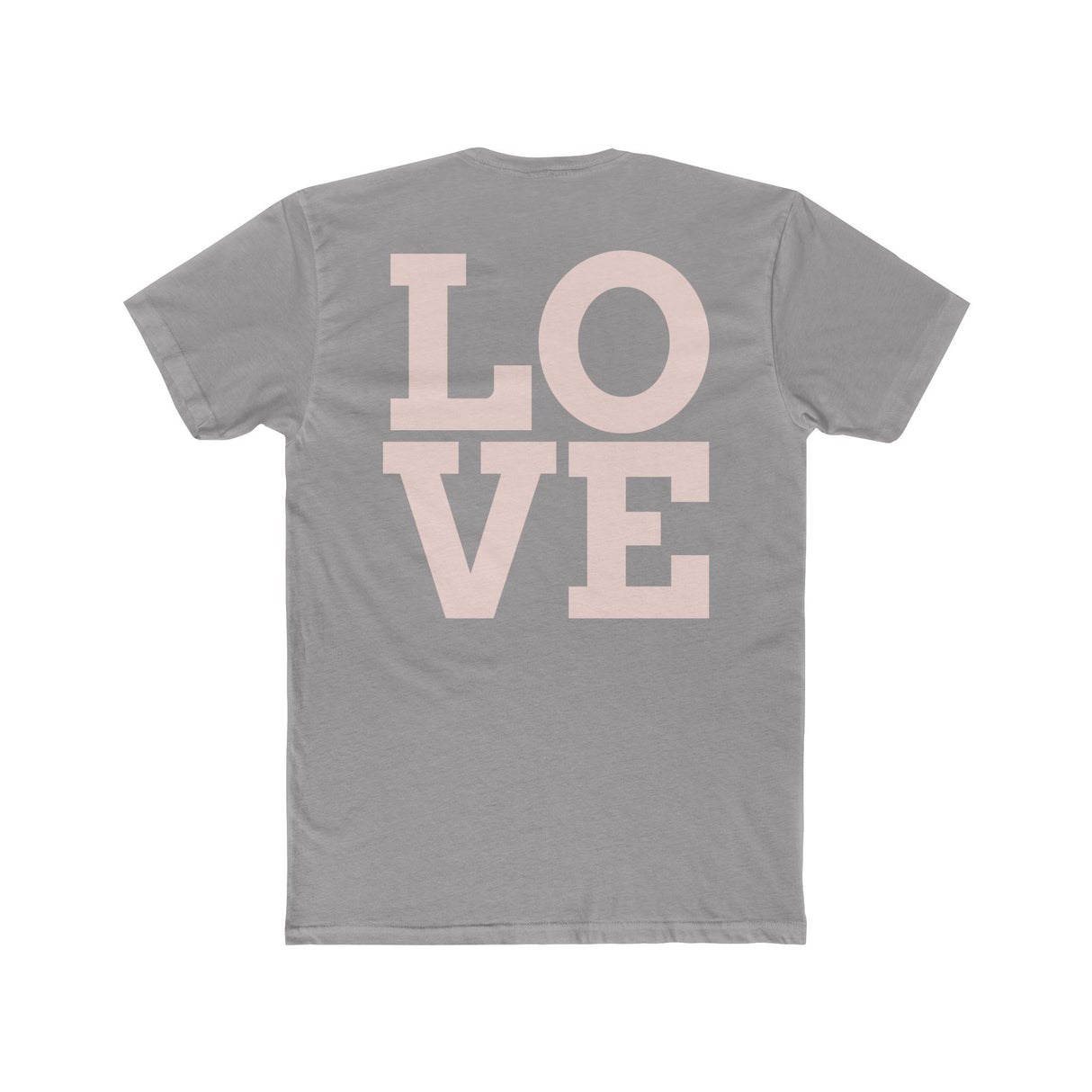 Heather grey crew tee with large “LOVE” block graphic on the front