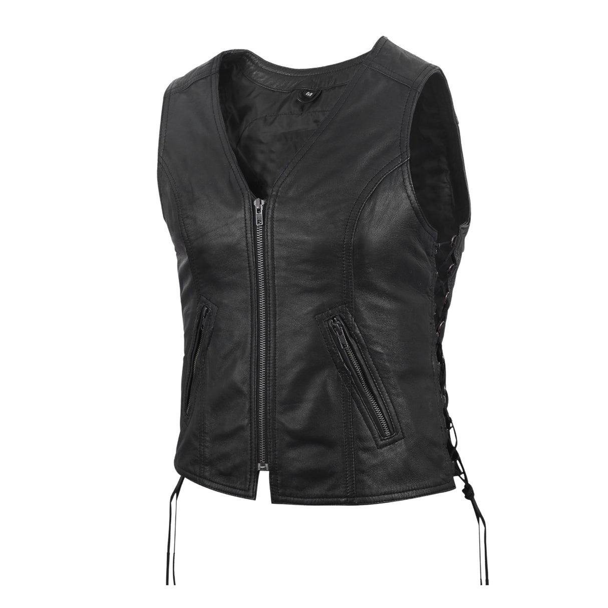 Women's Motorcycle Leather Vest Black Front Zipper side lace in Lamb Leather