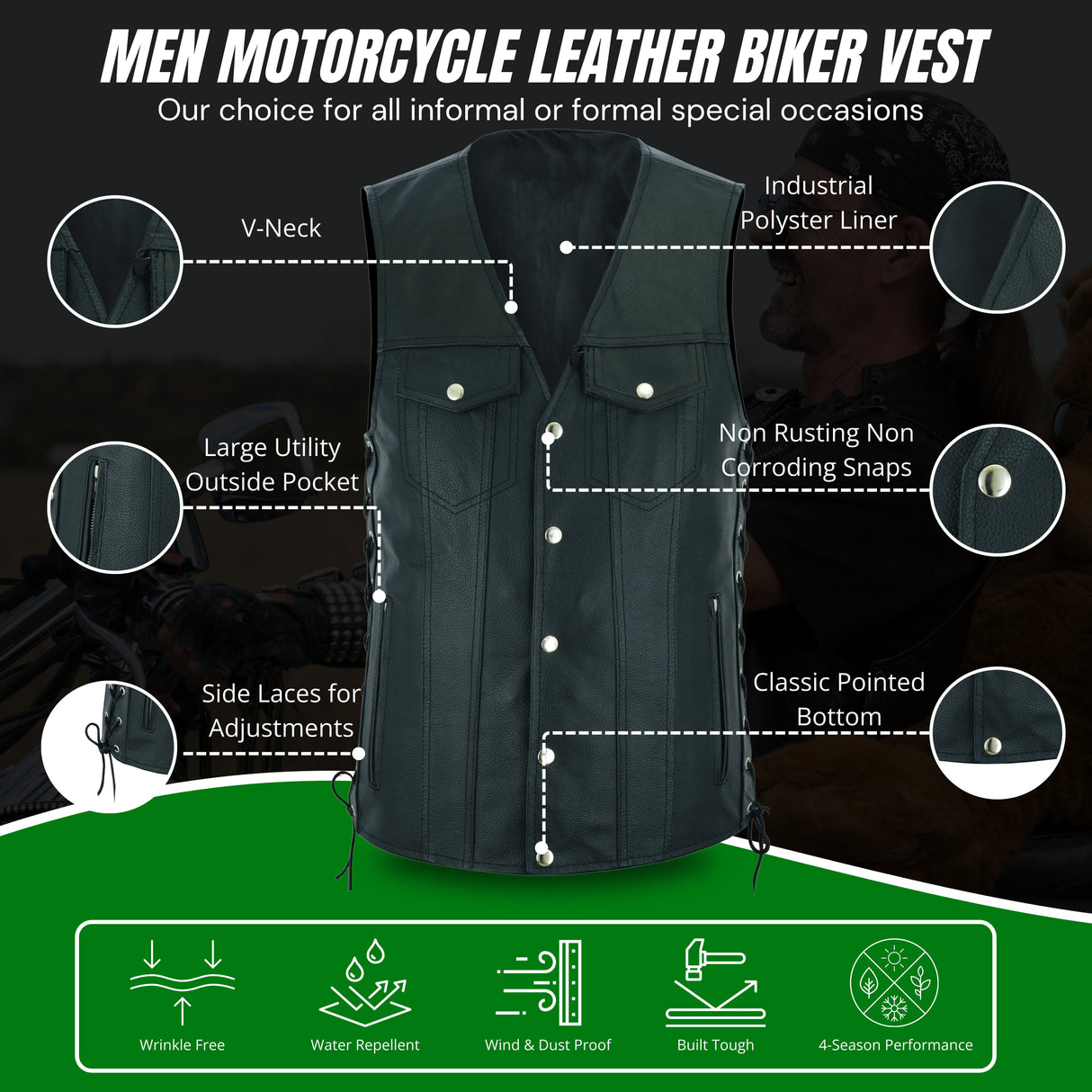 Men Side Lace Leather Style Biker Motorcycle Leather Vest Gun Pockets Carry Arms