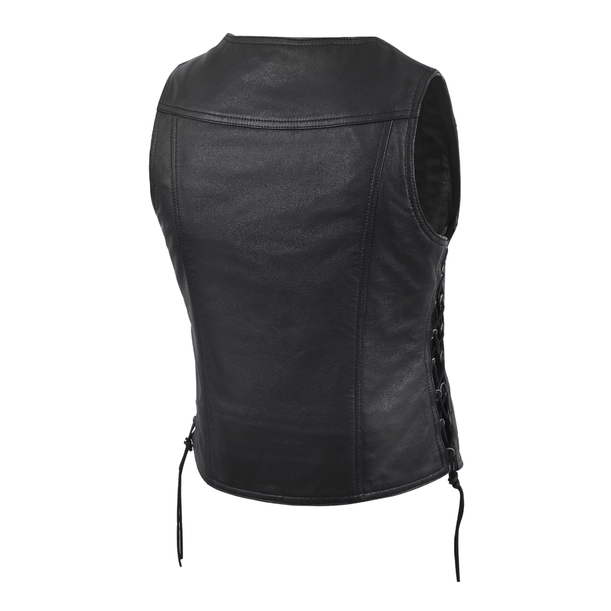 Women's Motorcycle Leather Vest Black Front Zipper side lace in Lamb Leather