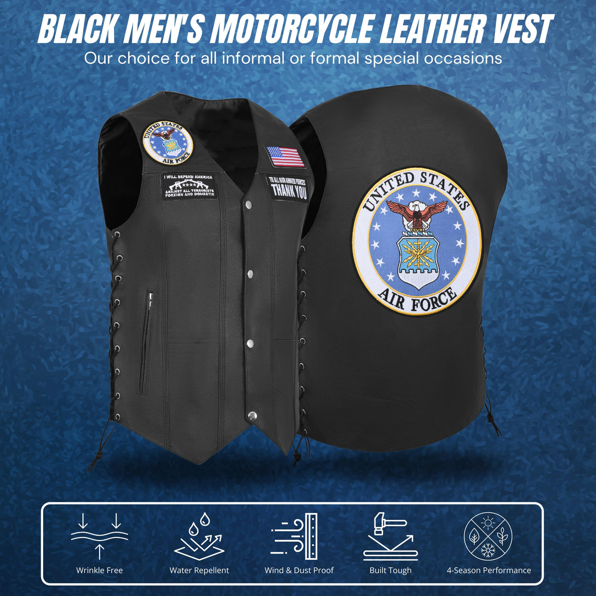 Airforce Black Men's Genuine 7 Pocket Motorcycle Biker Leather Vest