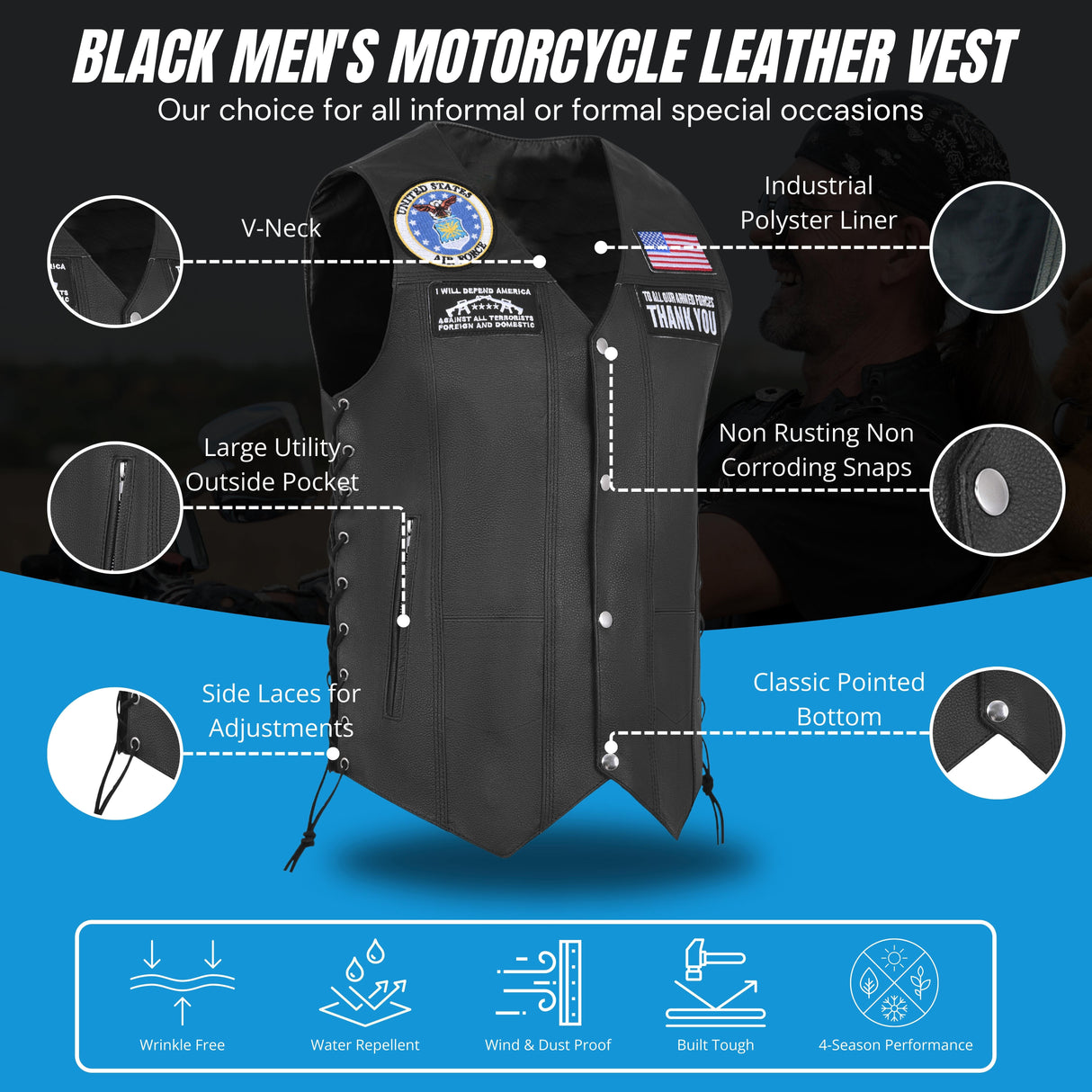 Airforce Black Men's Genuine 7 Pocket Motorcycle Biker Leather Vest