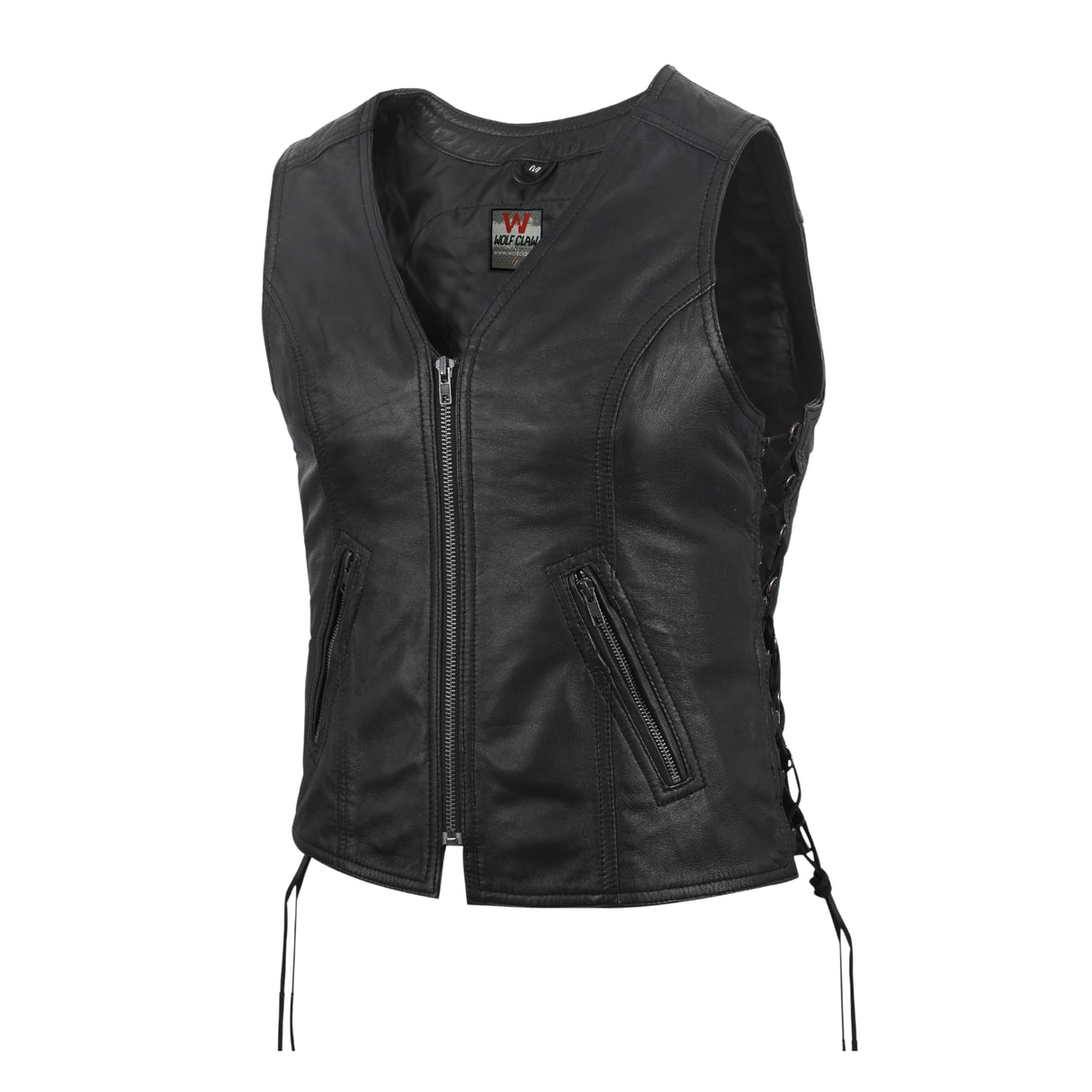 Women's Motorcycle Leather Vest Black Front Zipper side lace in Lamb Leather