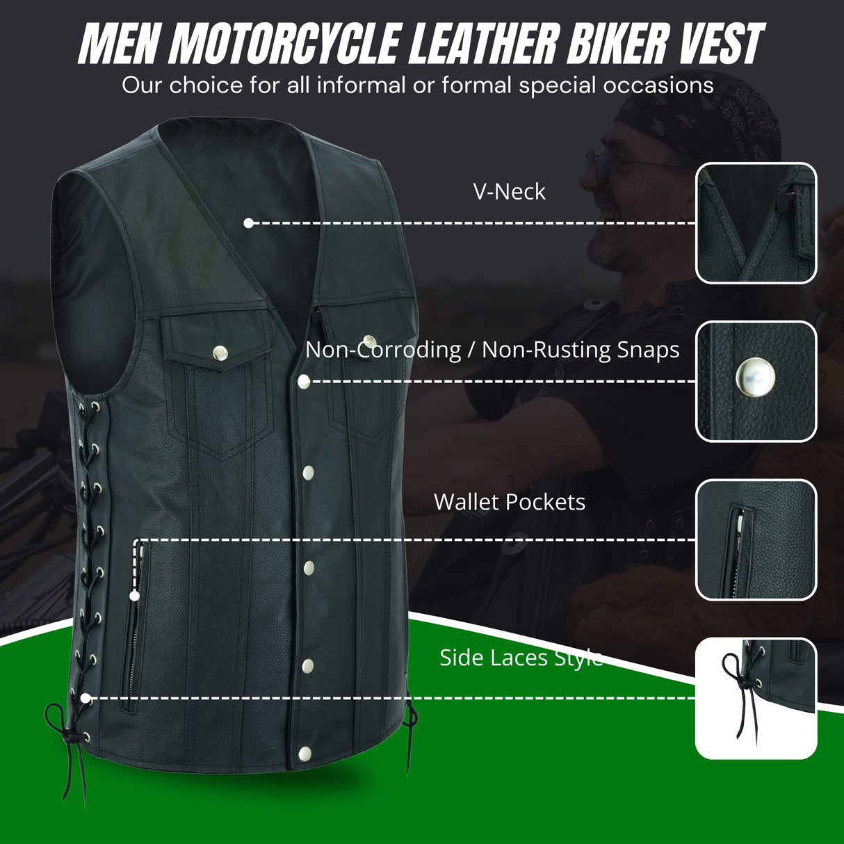 Men Side Lace Leather Style Biker Motorcycle Leather Vest Gun Pockets Carry Arms