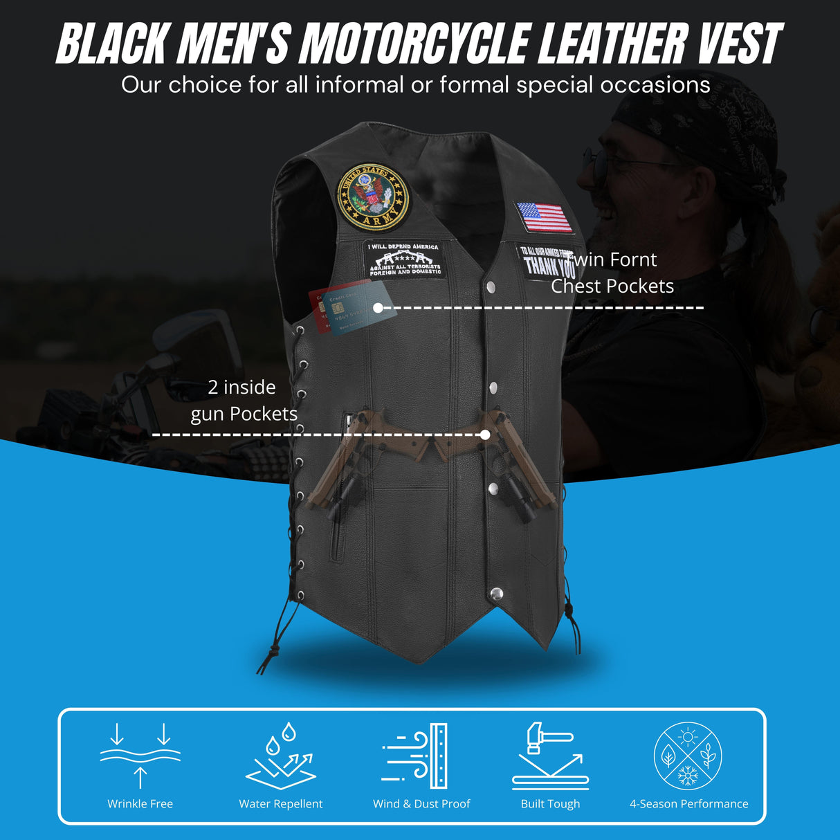 Airforce Black Men's Genuine 7 Pocket Motorcycle Biker Leather Vest