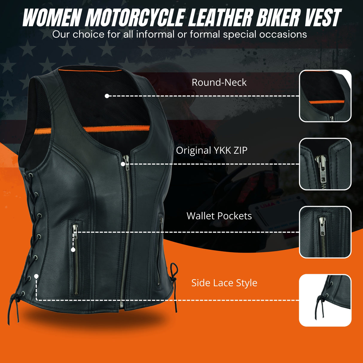 Women's Black ‘Open Neck’ Motorcycle Side Laces Leather Vest