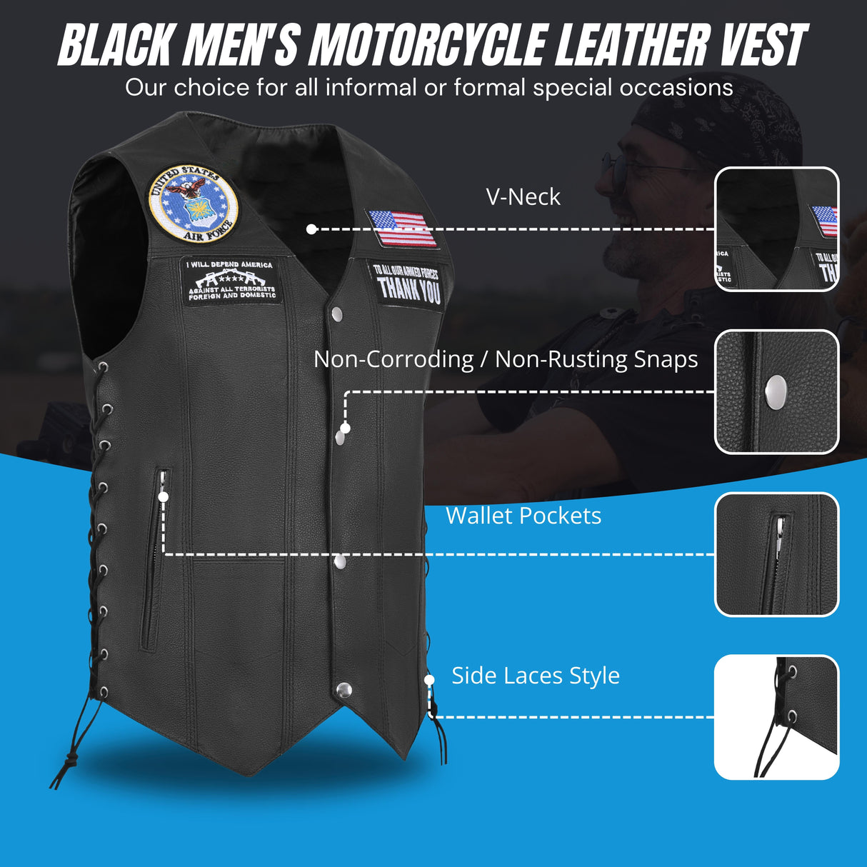 Airforce Black Men's Genuine 7 Pocket Motorcycle Biker Leather Vest