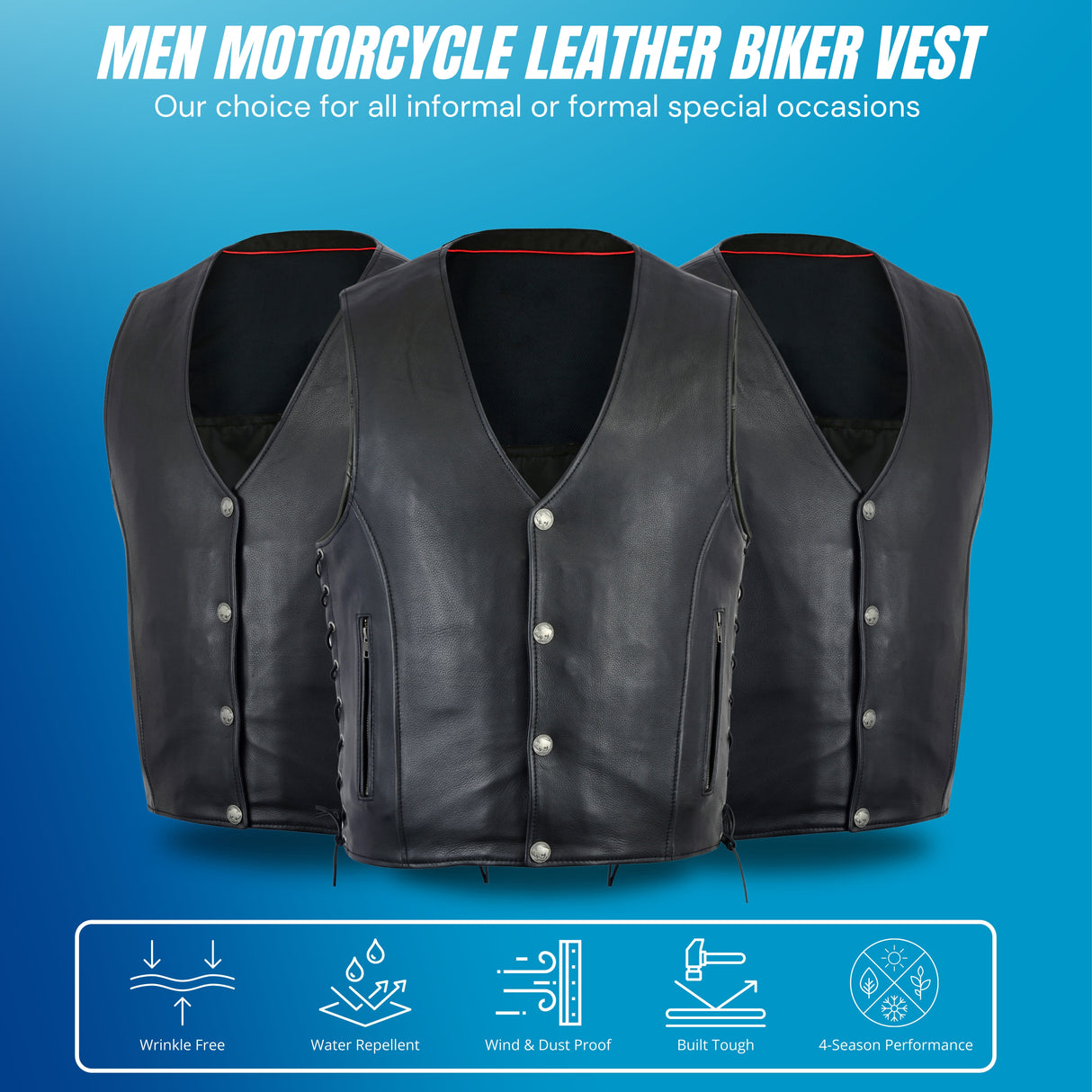 Men’s Leather Vest with Straight Bottom & Gun Pocket Rugged Biker Vest