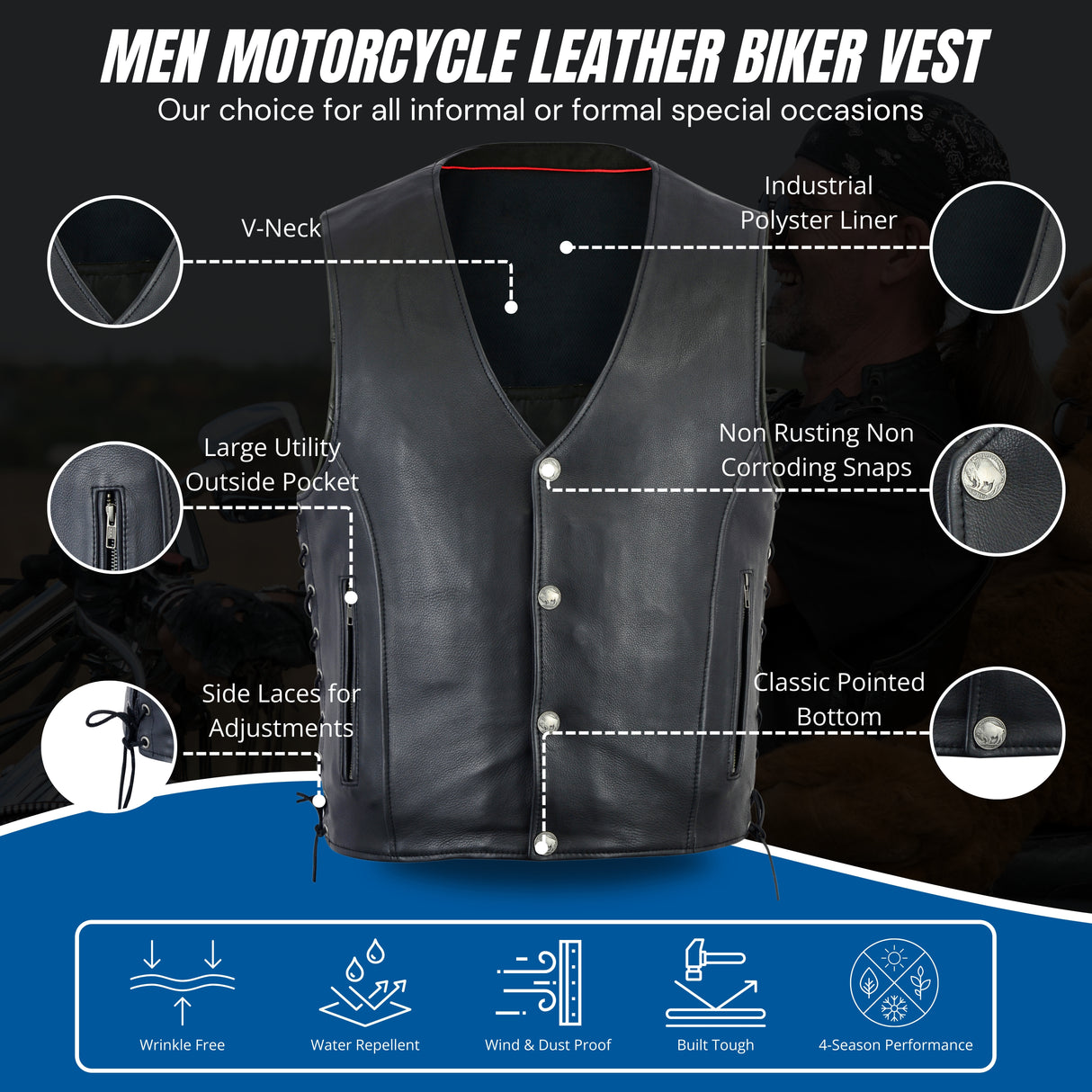 Men’s Leather Vest with Straight Bottom & Gun Pocket Rugged Biker Vest