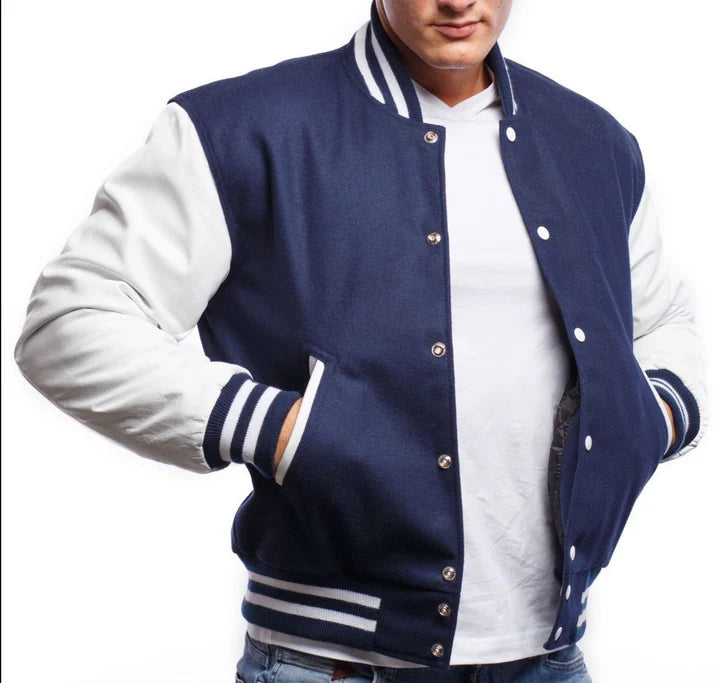Royal Blue & White Leather Sleeves Varsity Jacket