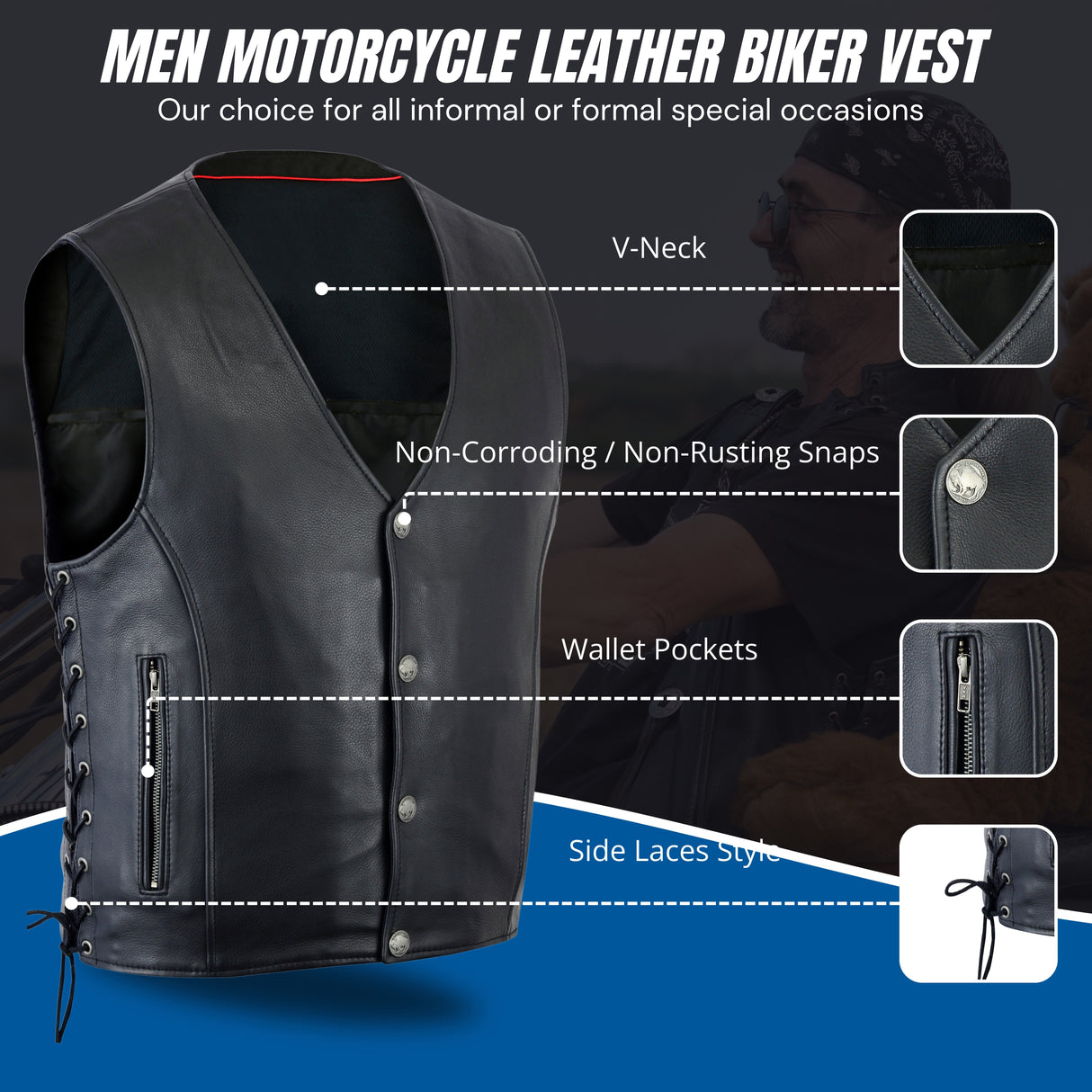 Men’s Leather Vest with Straight Bottom & Gun Pocket Rugged Biker Vest