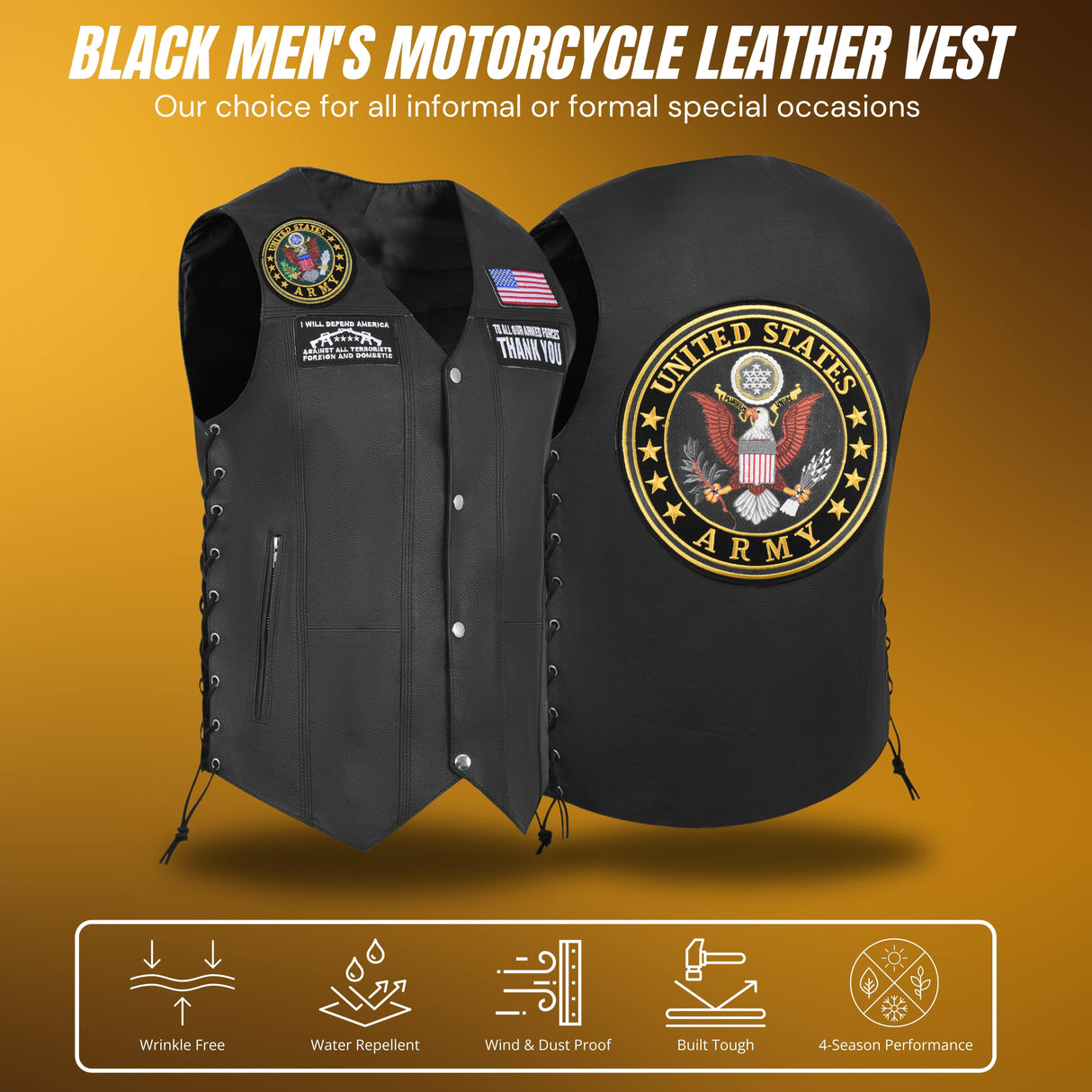 Army Black Men's Genuine 7 Pocket Motorcycle Biker Leather Vest