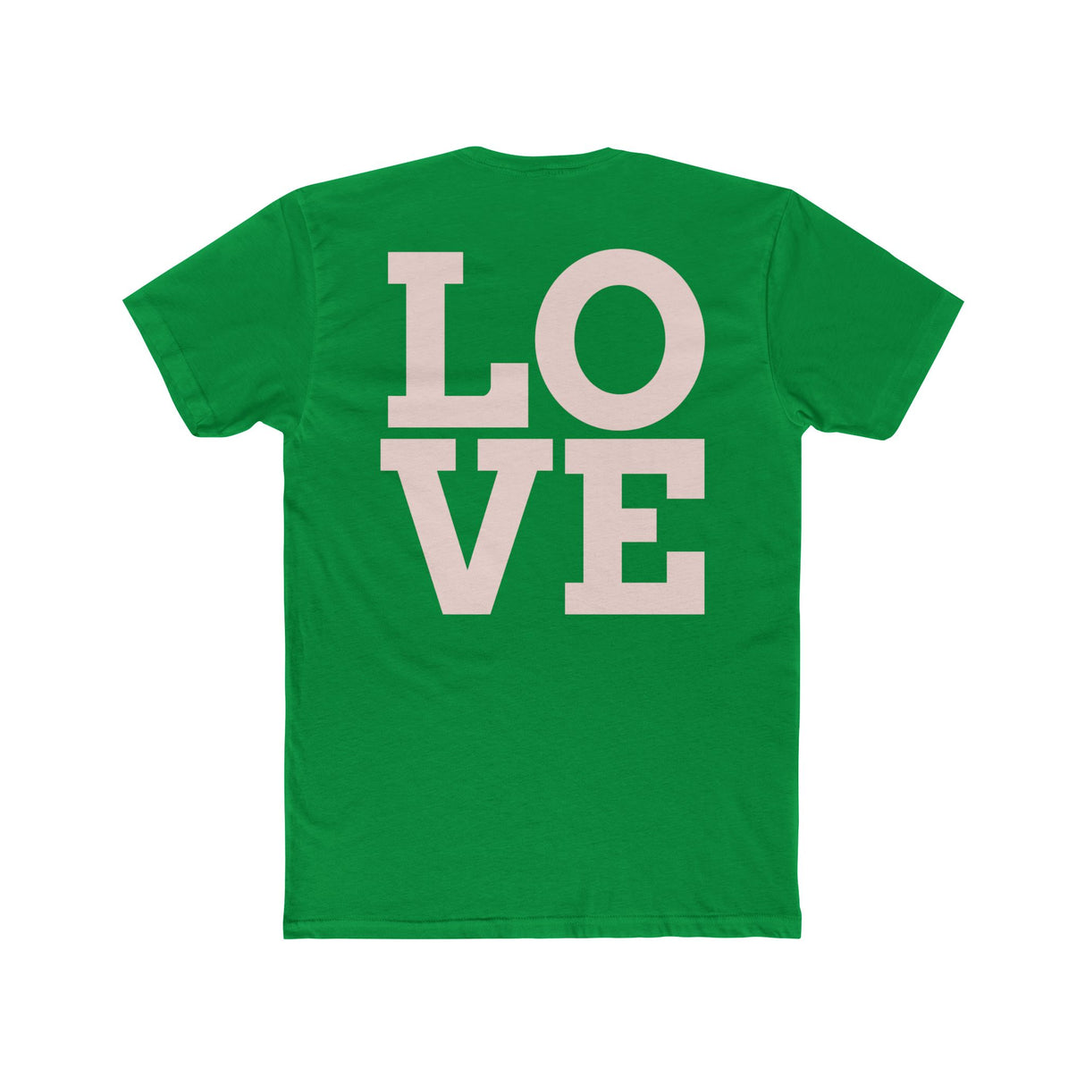 Green crew tee back with large 'LOVE' lettering graphic