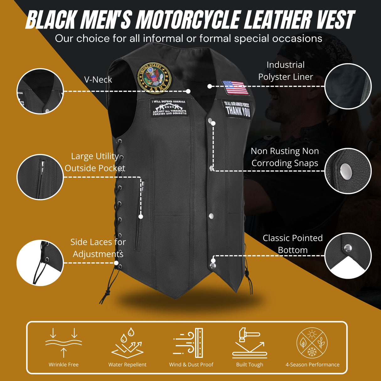 Army Black Men's Genuine 7 Pocket Motorcycle Biker Leather Vest