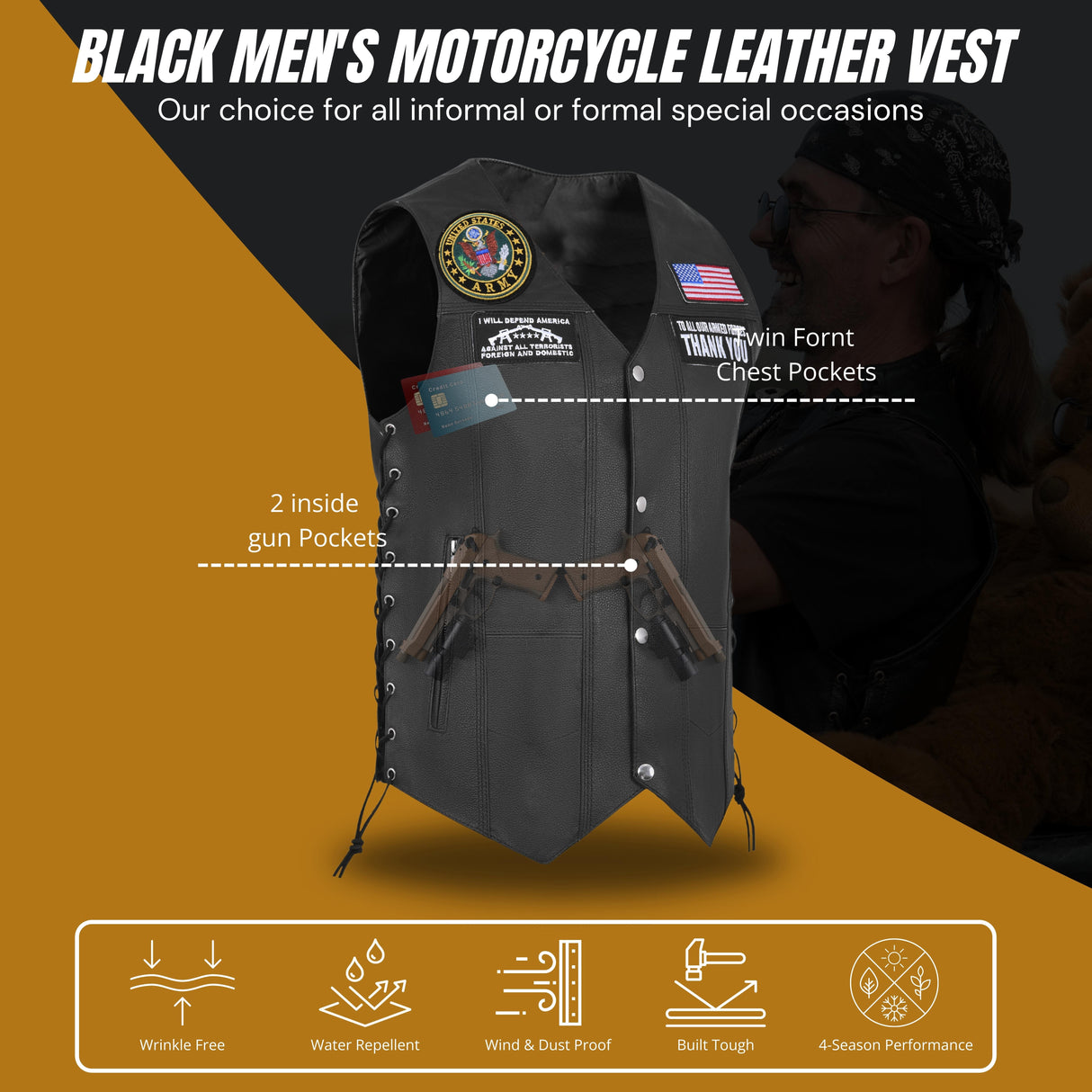 Army Black Men's Genuine 7 Pocket Motorcycle Biker Leather Vest