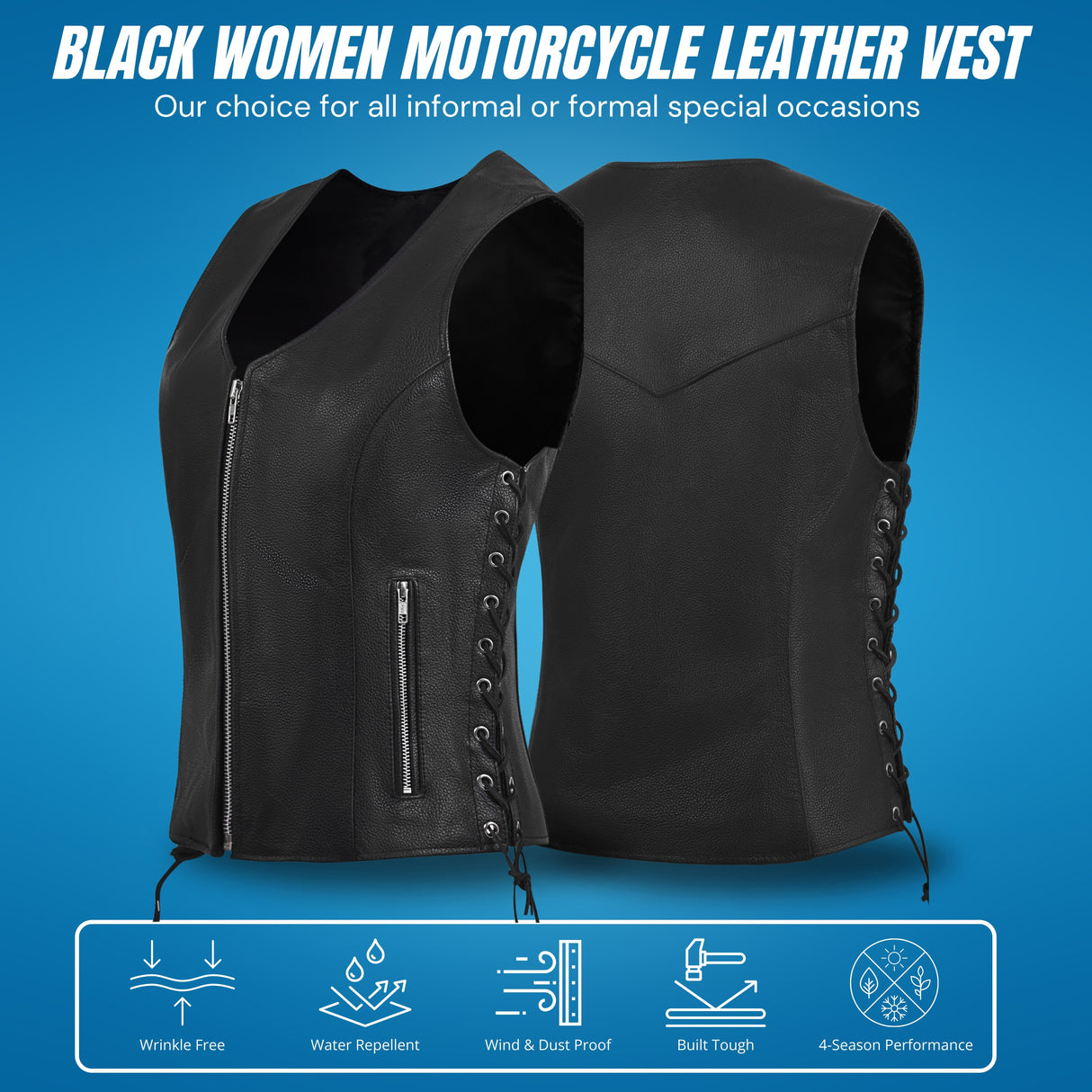 WCWV55841SPT Black Women's Side Lace Front Zipper leather motorcycle Vest