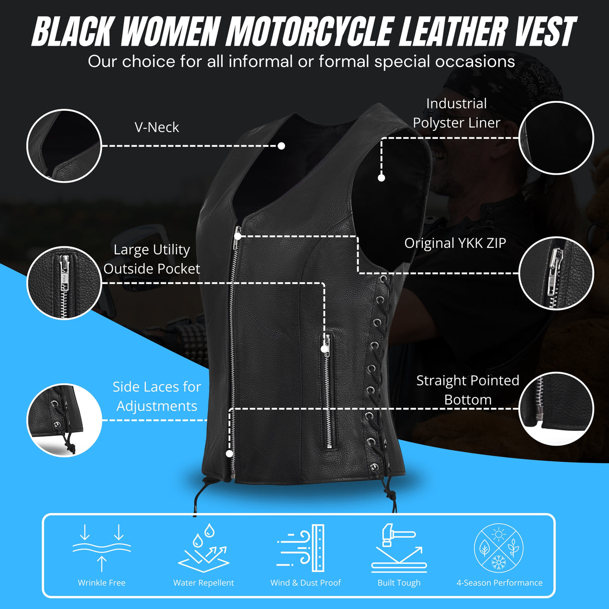 WCWV55841SPT Black Women's Side Lace Front Zipper leather motorcycle Vest