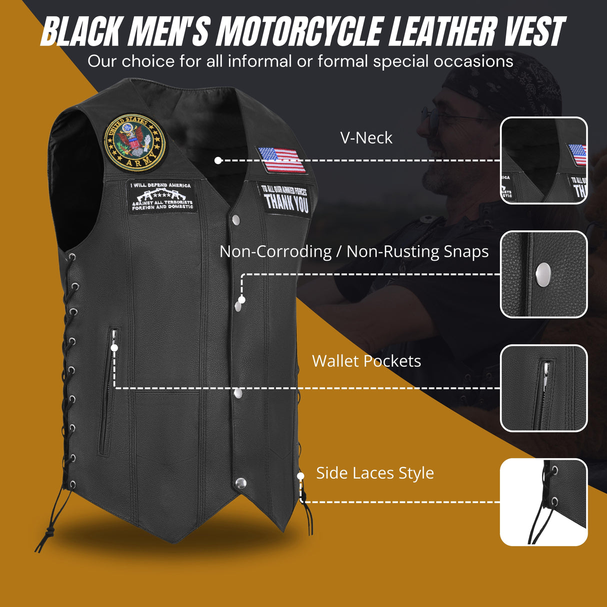Army Black Men's Genuine 7 Pocket Motorcycle Biker Leather Vest