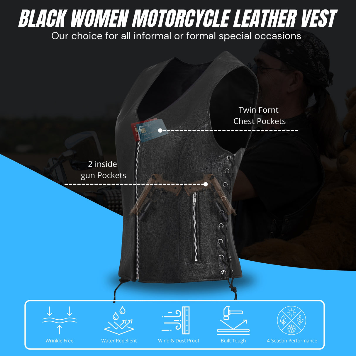 WCWV55841SPT Black Women's Side Lace Front Zipper leather motorcycle Vest