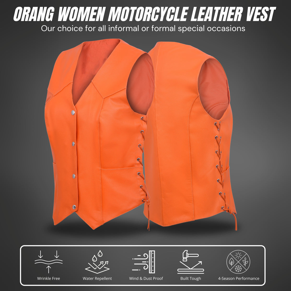 Women's Orange Motorcycle Leather Vest