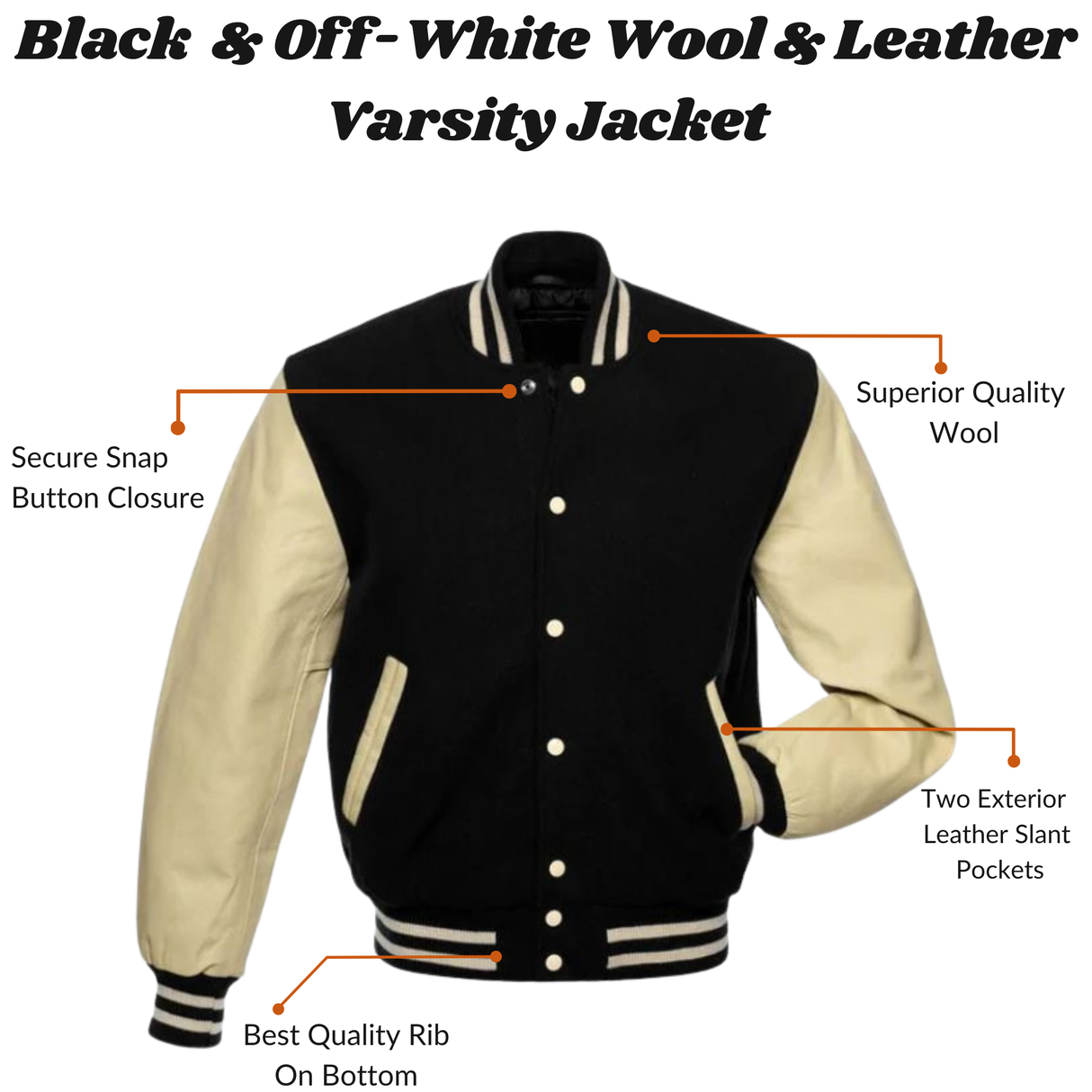 Black Wool Varsity Jacket with Off-White Leather Sleeves