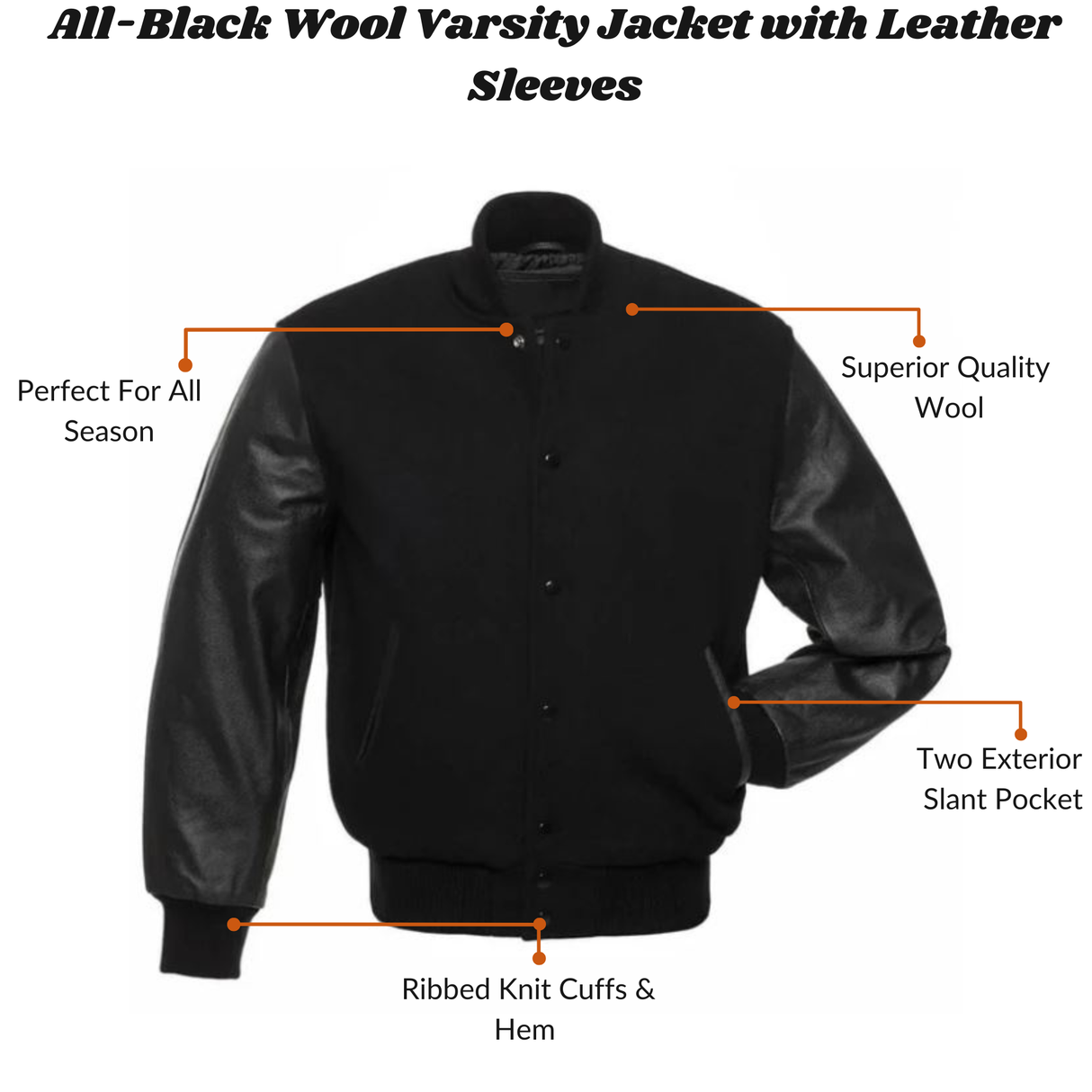 All Black Wool & Leather Sleeves Varsity Letterman Jacket