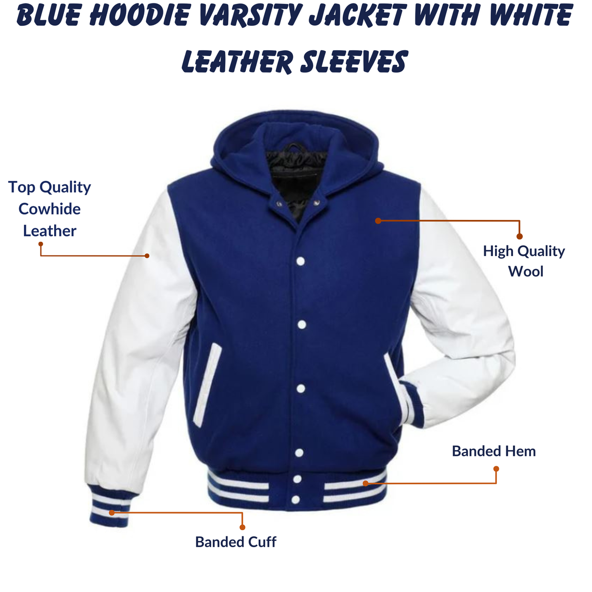 Blue Hoodie Varsity Jacket With White Leather Sleeves