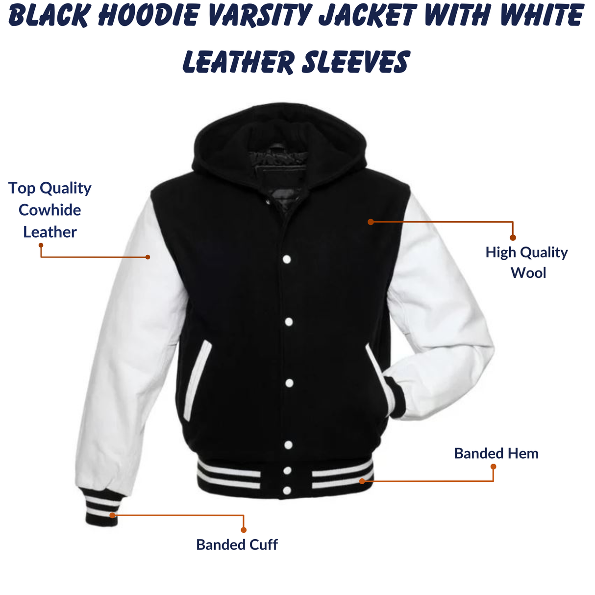Black Hoodie Varsity Jacket With White Leather Sleeves