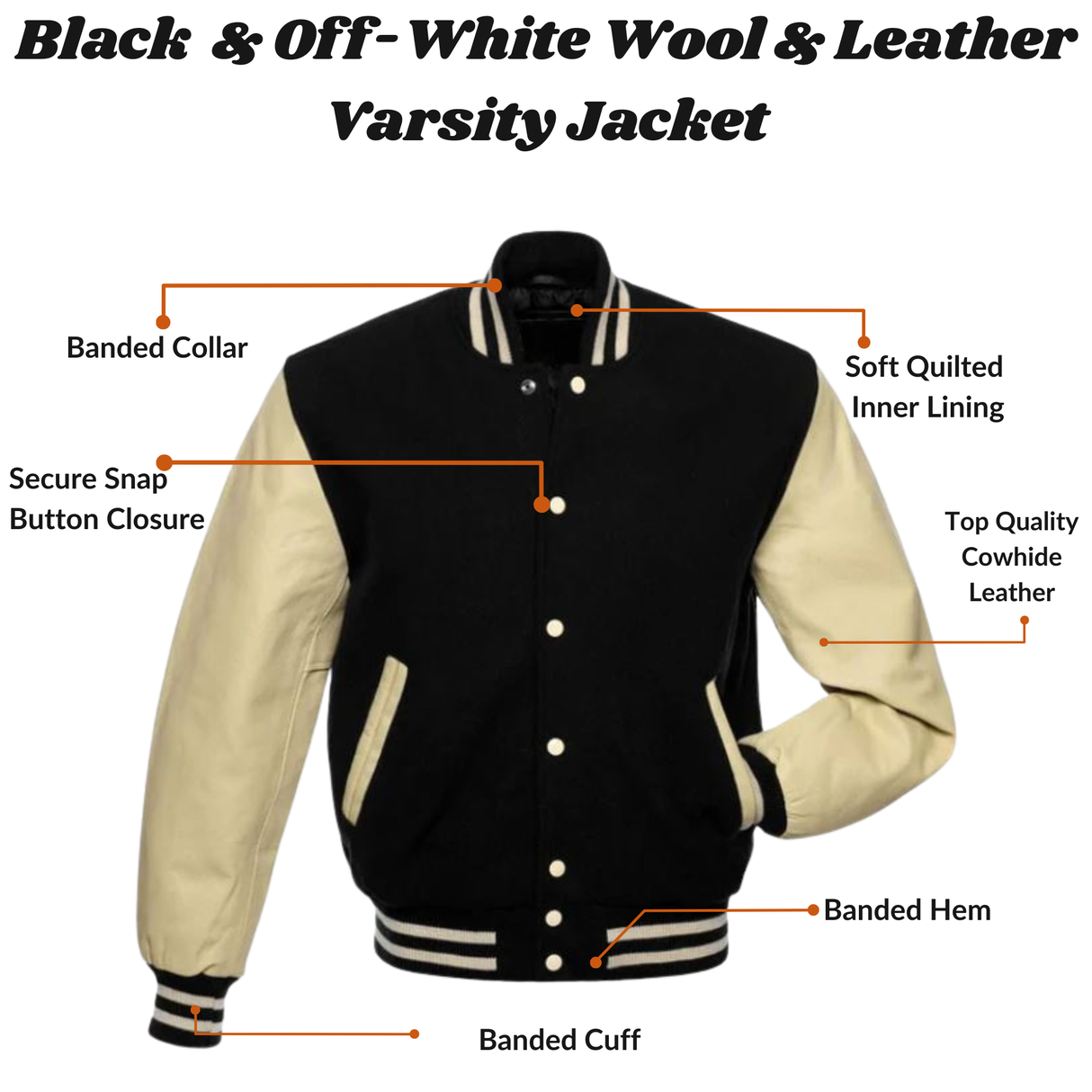 Black Wool Varsity Jacket with Off-White Leather Sleeves