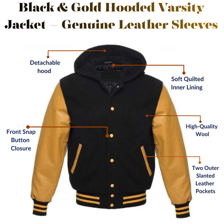 Men's Hooded Letterman Black Varsity Jacket Genuine Leather Sleeves - Golden