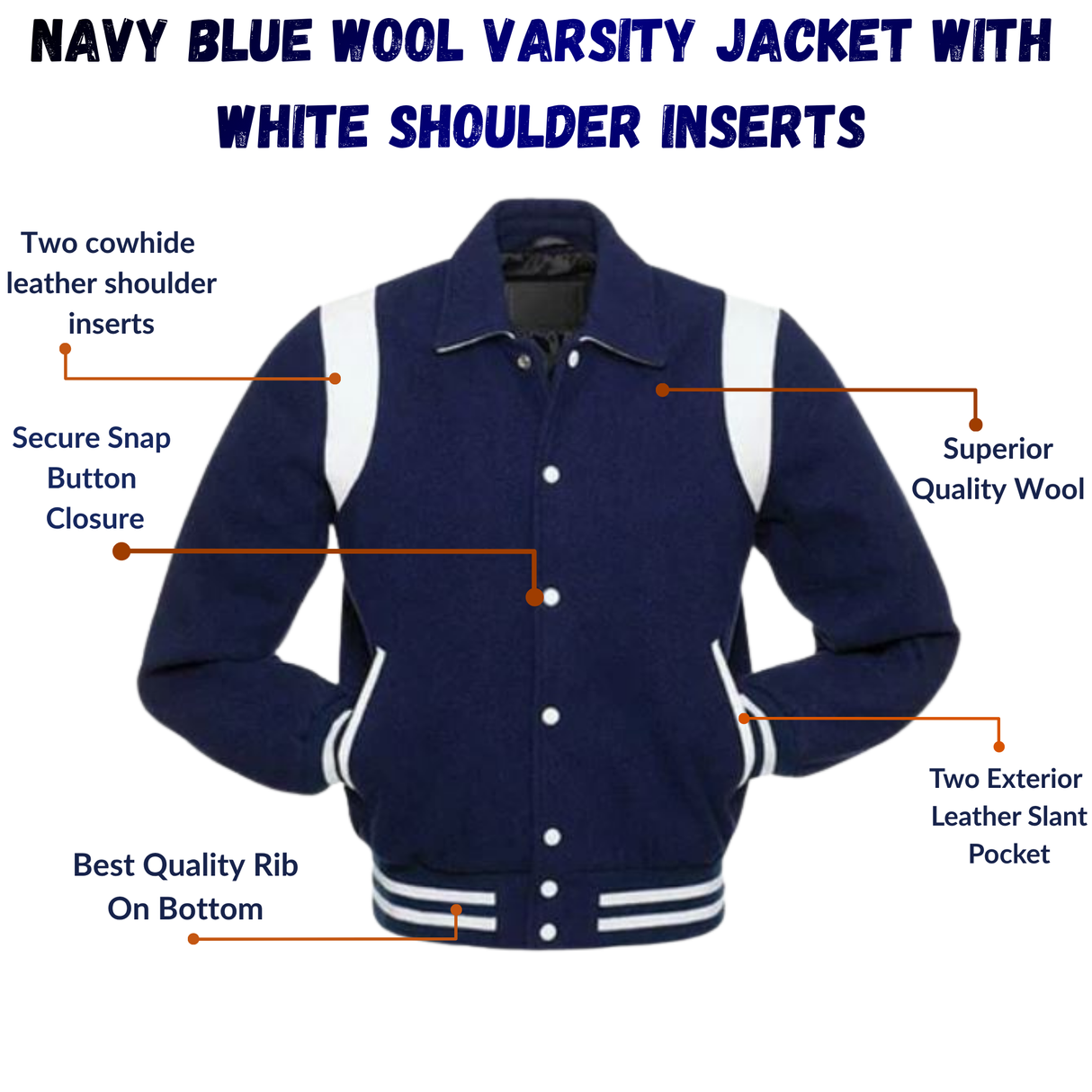 Navy Blue Wool Varsity Jacket With white Shoulder Inserts