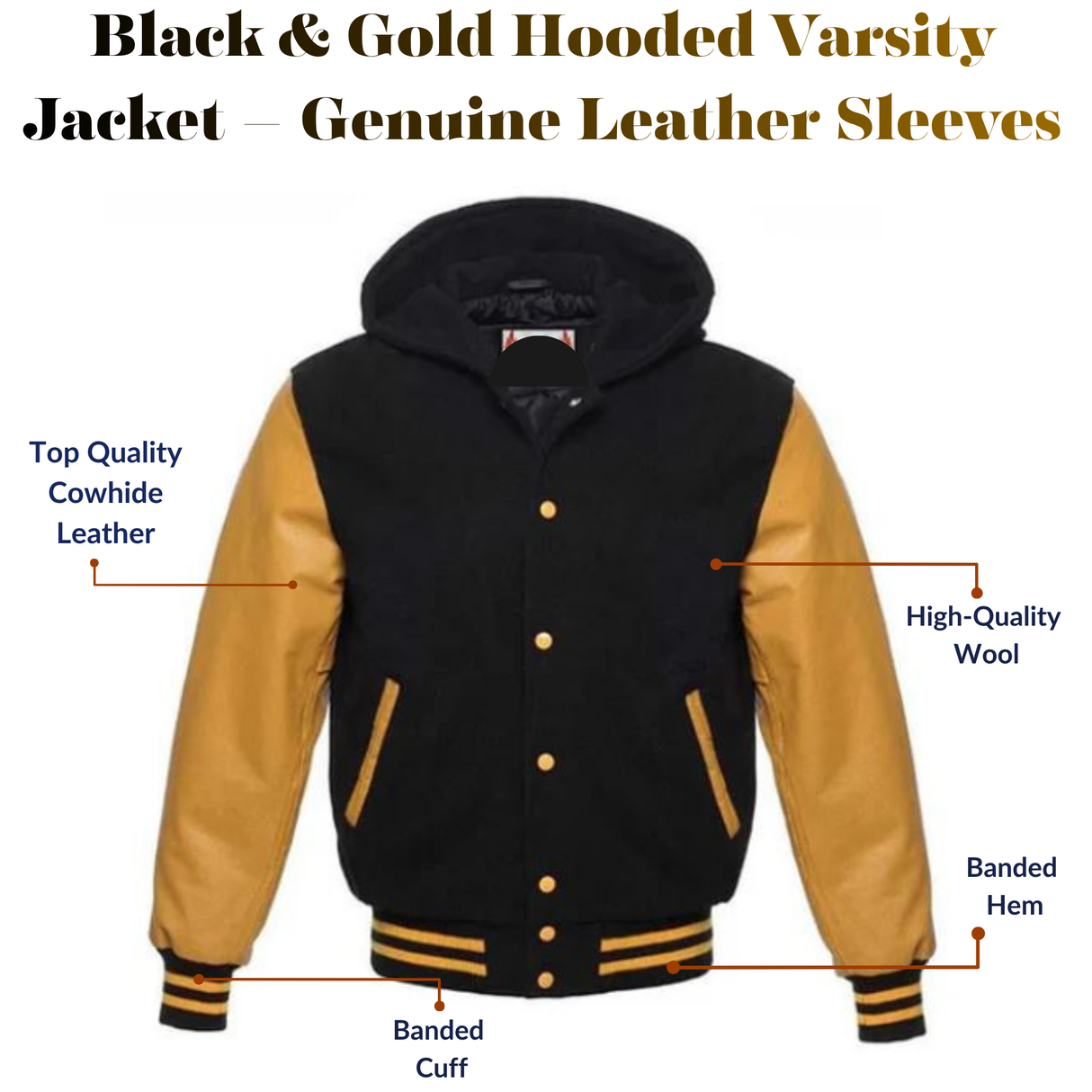 Men's Hooded Letterman Black Varsity Jacket Genuine Leather Sleeves - Golden