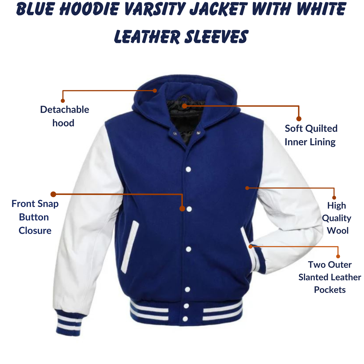 Blue Hoodie Varsity Jacket With White Leather Sleeves