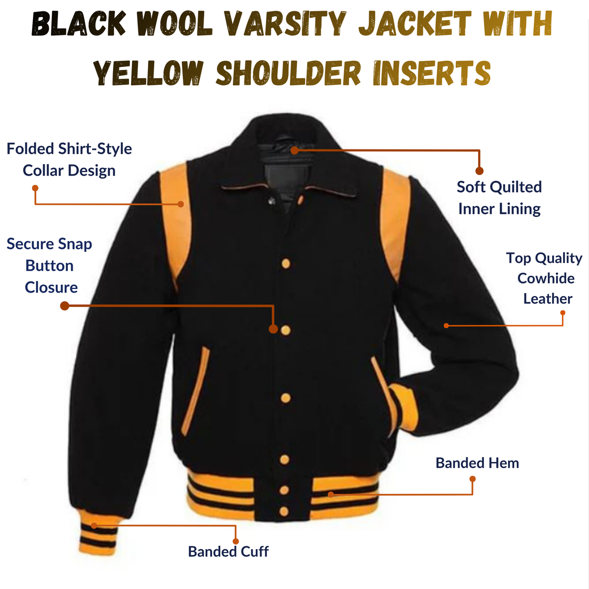 Black Wool Varsity Jacket With yellow Shoulder Inserts