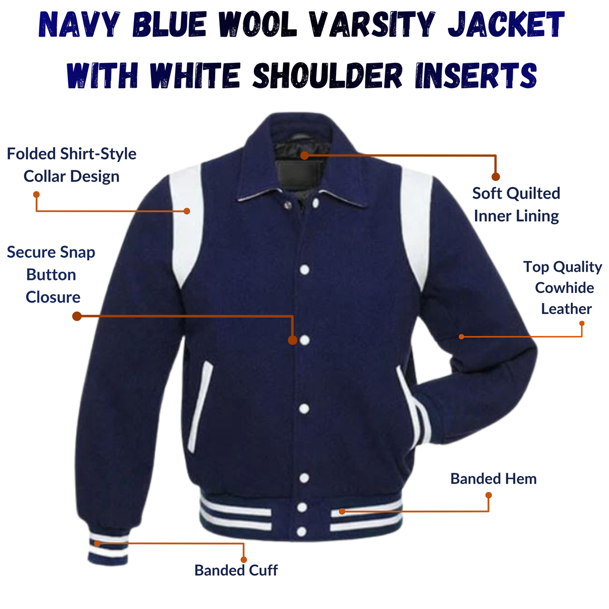 Navy Blue Wool Varsity Jacket With white Shoulder Inserts