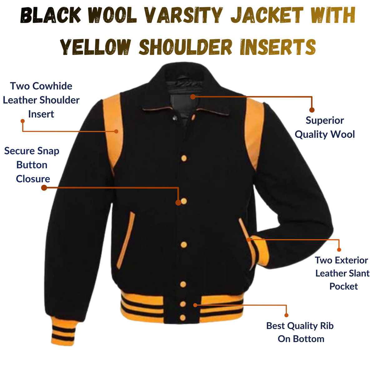 Black Wool Varsity Jacket With yellow Shoulder Inserts