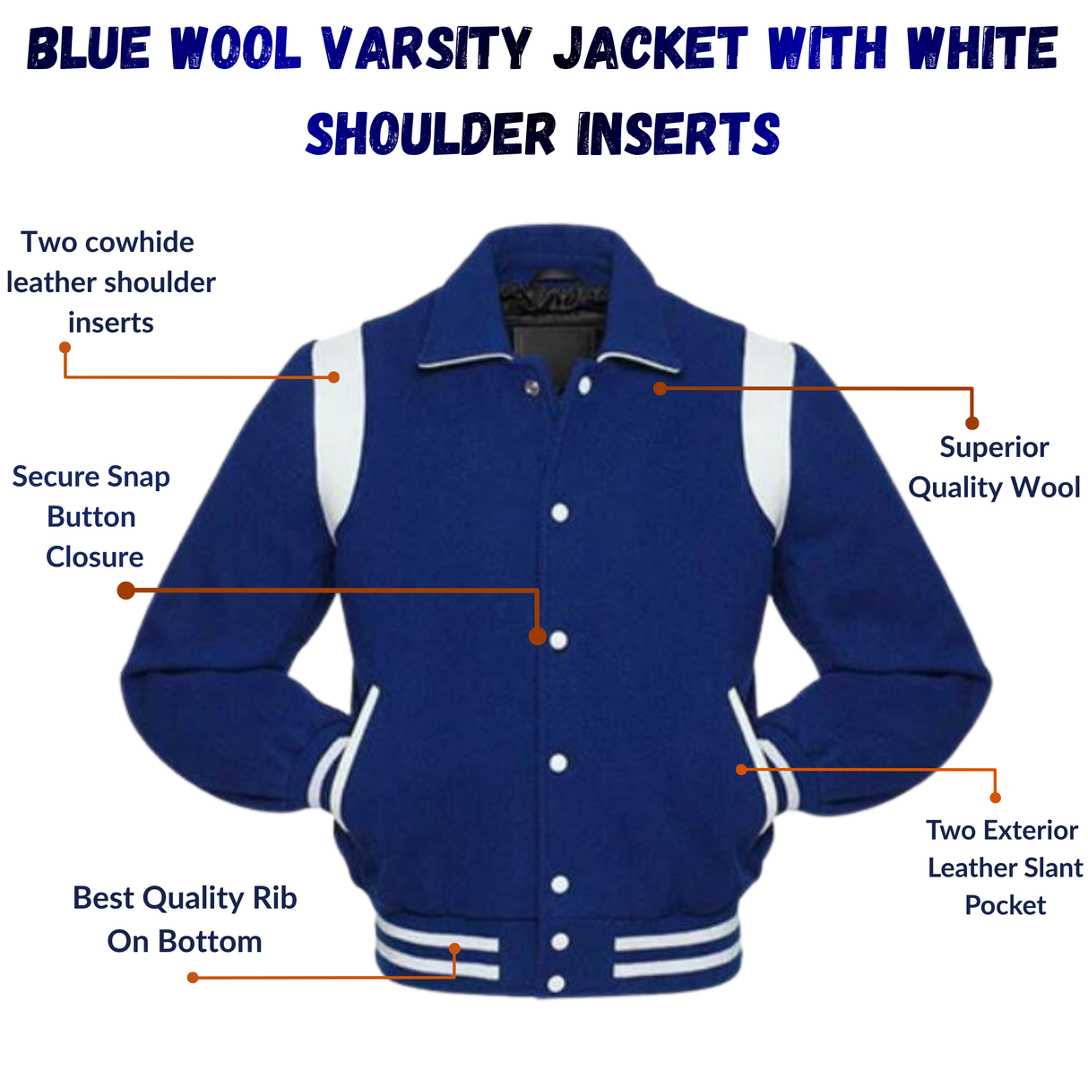 Blue Wool Varsity Jacket With white Shoulder Inserts