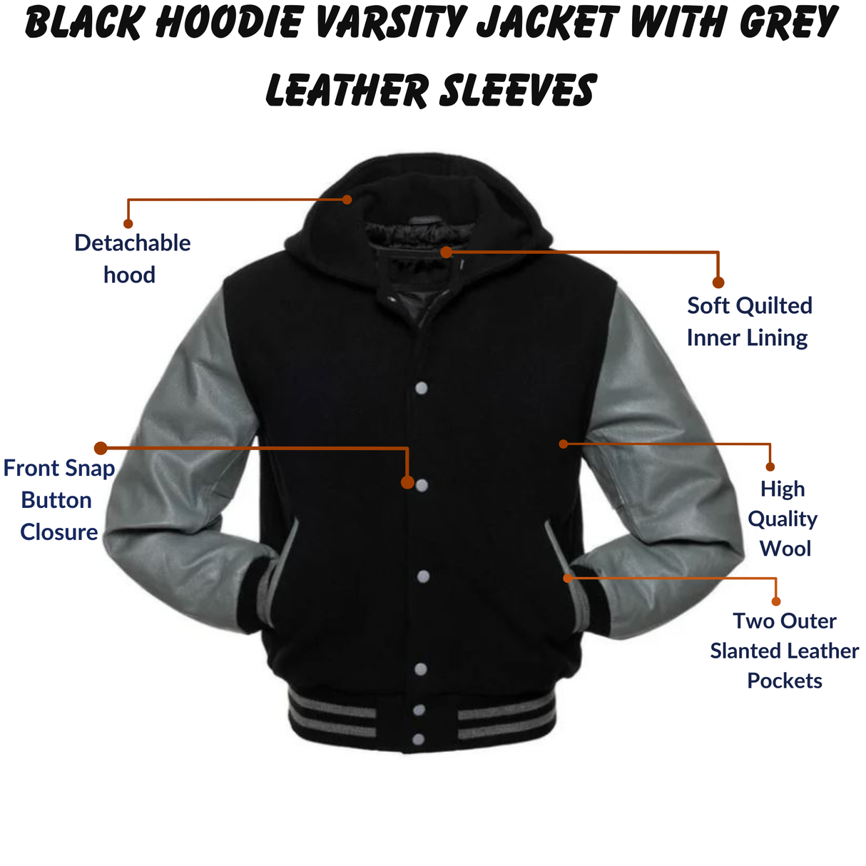 Black Hoodie Varsity Jacket With Grey Leather Sleeves