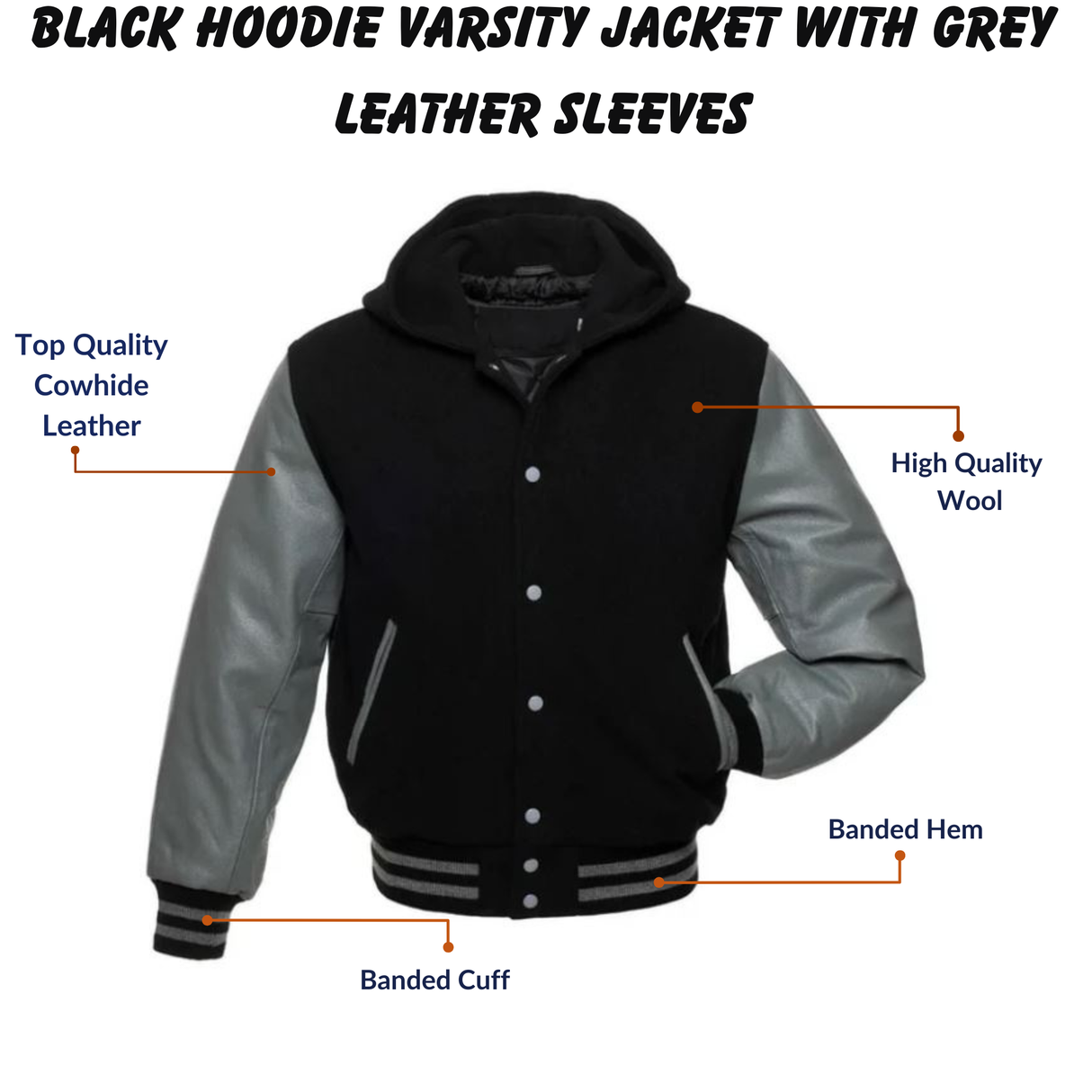 Black Hoodie Varsity Jacket With Grey Leather Sleeves