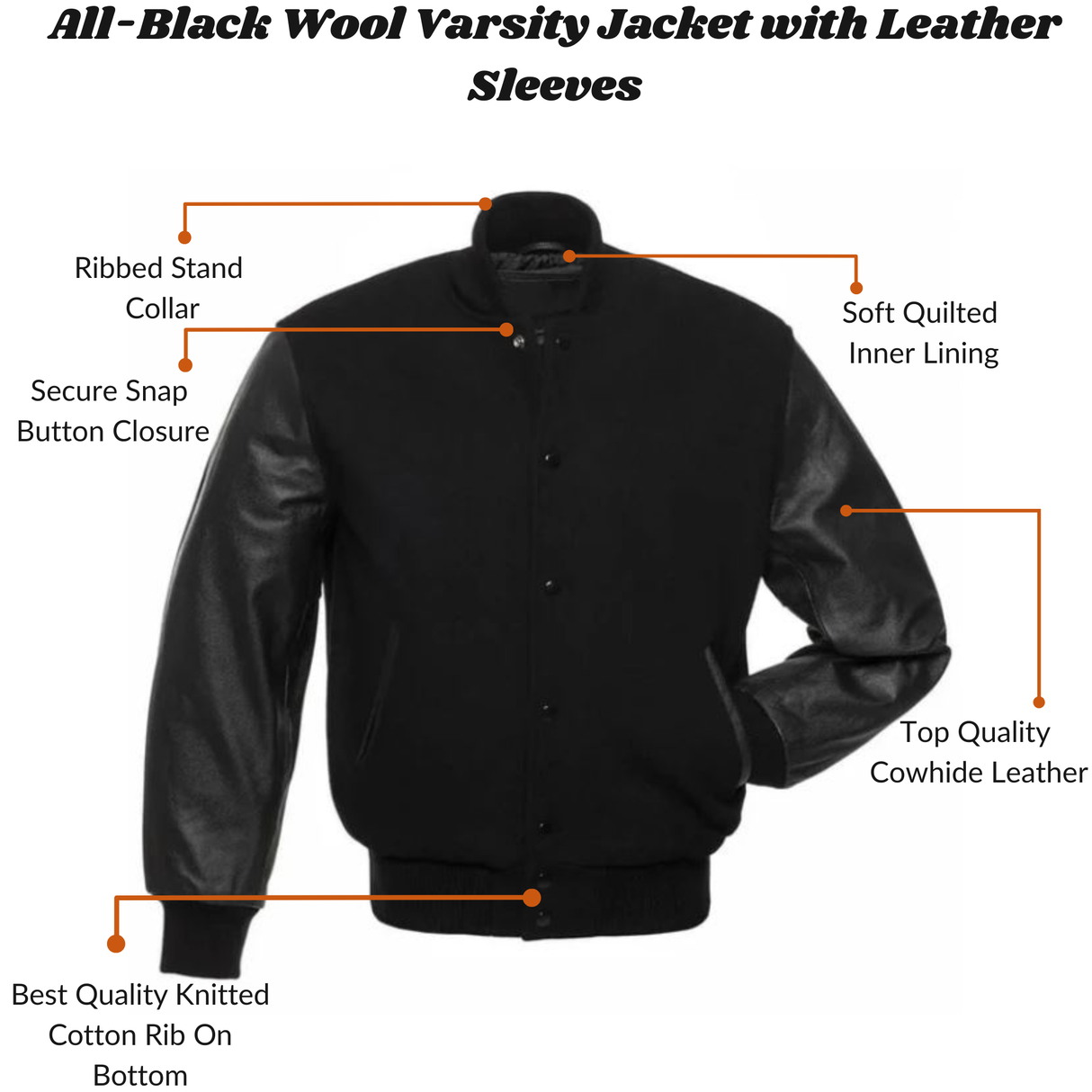 All Black Wool & Leather Sleeves Varsity Letterman Jacket