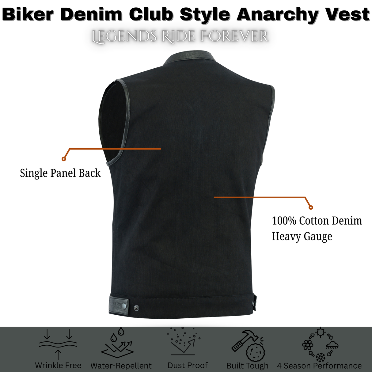Biker Denim Club Style Anarchy BLACK Vest with Conceal Carry Pockets both sides