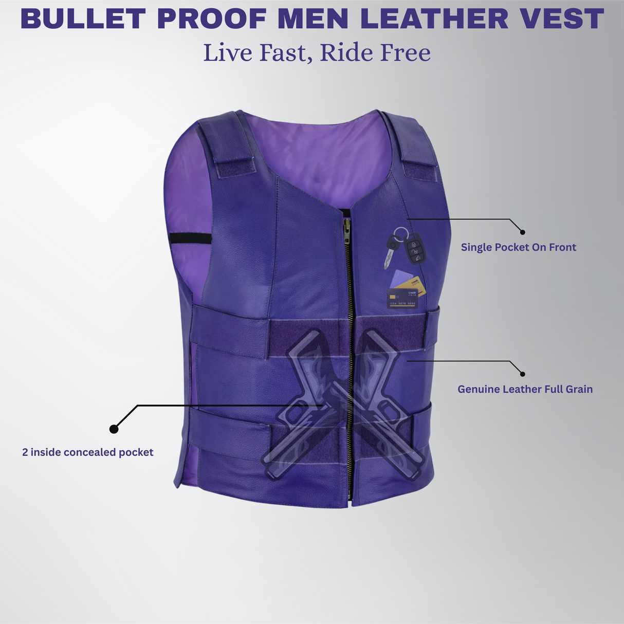 Bulletproof Men Leather Vest Purple color