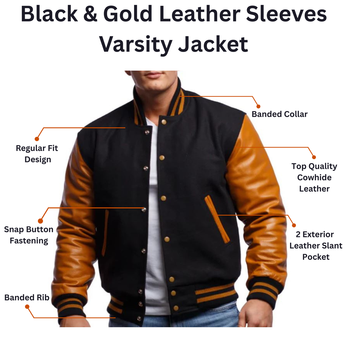 Black & Gold Leather Sleeves Varsity Jacket