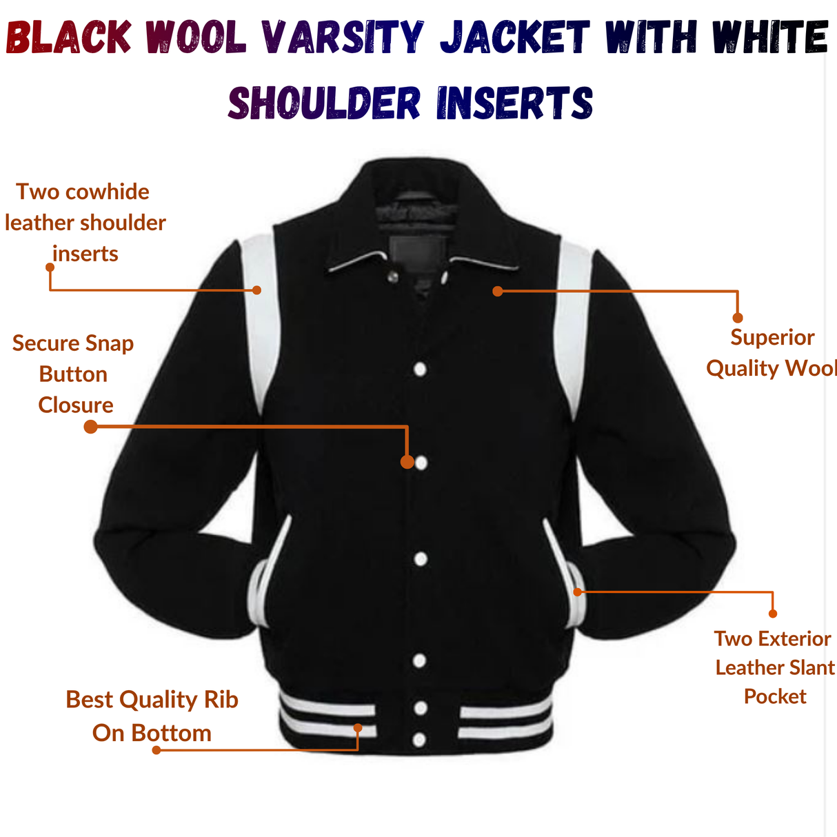 Black Wool Varsity Jacket With White Shoulder Inserts