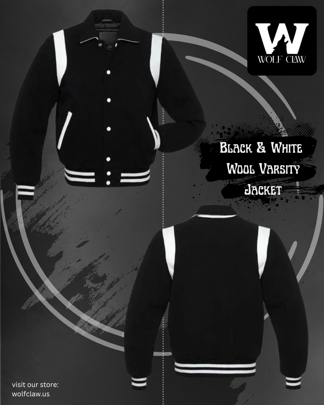 Black Wool Varsity Jacket With White Shoulder Inserts