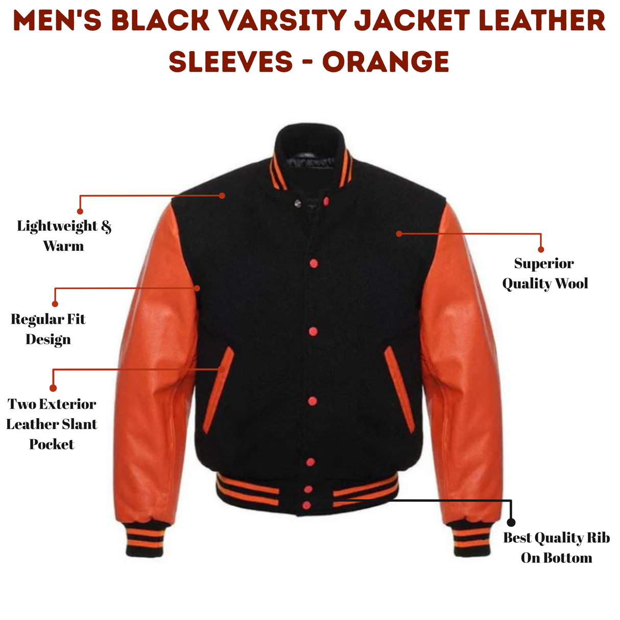 Men's Black Varsity Jacket Leather Sleeves - Orange