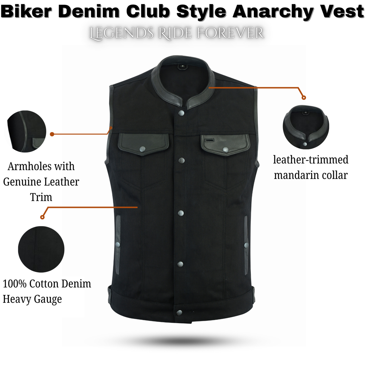 Biker Denim Club Style Anarchy BLACK Vest with Conceal Carry Pockets both sides