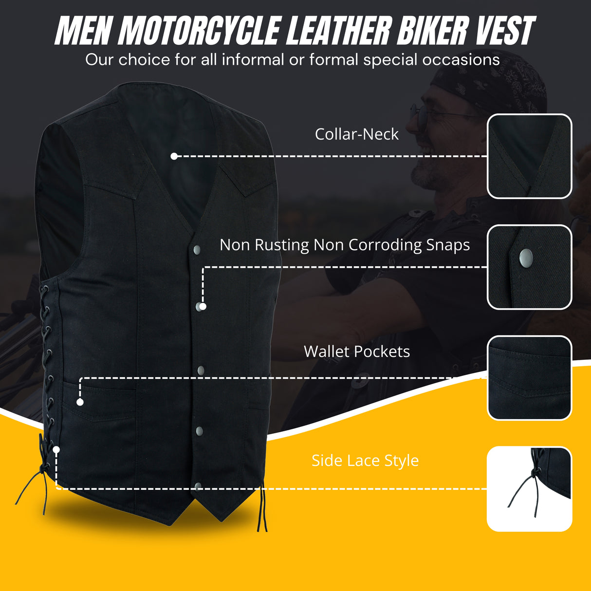 BLACK DENIM Men's Classic Denim Vest Black Motorcycle Easy Biker Patch Sewing, Side Lacing Western Cut