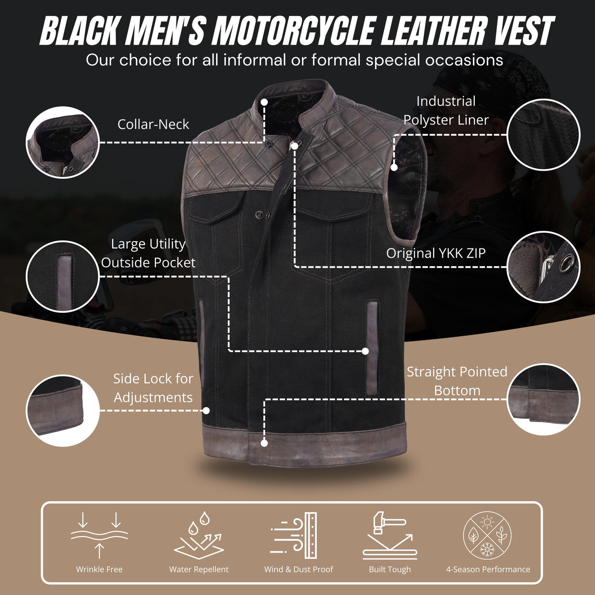 Men's Distressed Brown Black Cross Stitch Club Style Denim Vest.