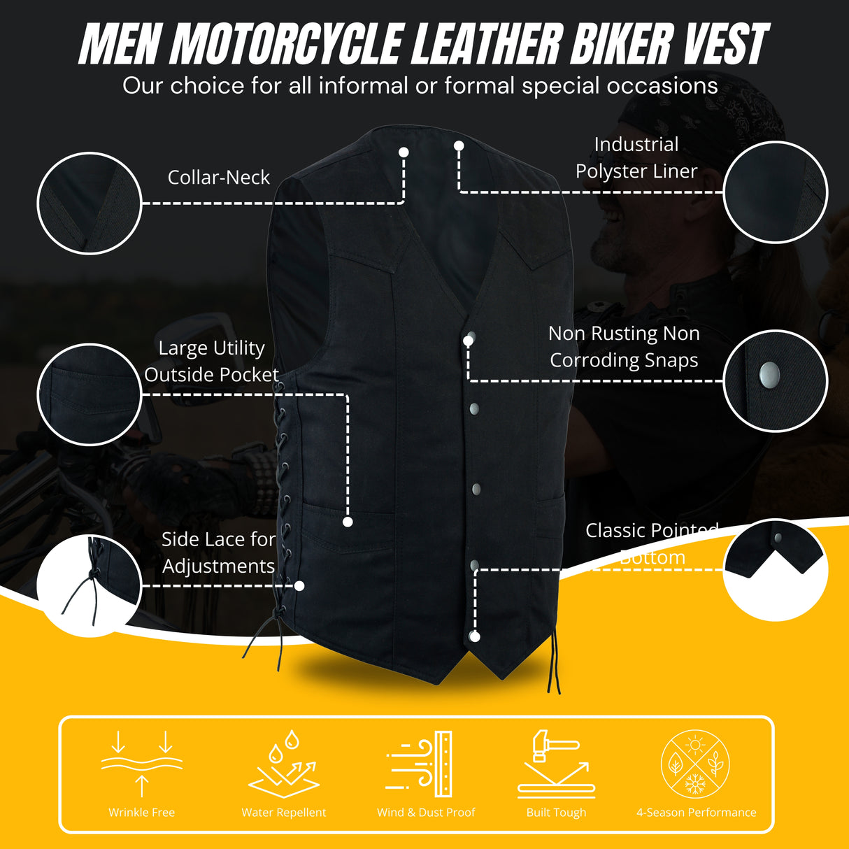 BLACK DENIM Men's Classic Denim Vest Black Motorcycle Easy Biker Patch Sewing, Side Lacing Western Cut